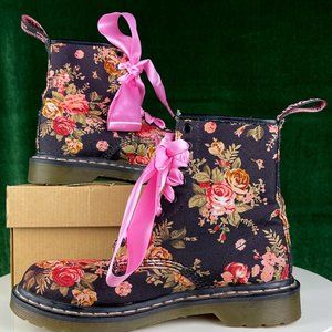 Dr Martens Floral Canvas 8-Eye Combat Boots With Pink Ribbon Laces